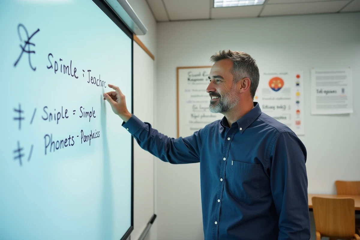 Professeur d'espagnol expliquant la lettre ñ sur un tableau blanc en salle de classe
