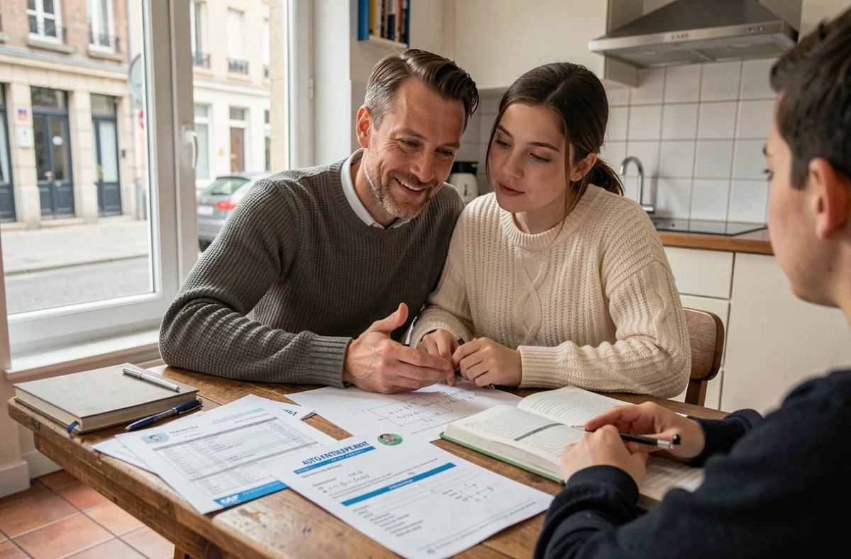 Un professeur indépendant en micro-entreprise SAP donne un cours particulier à domicile à Nantes avec ses documents d'auto-entrepreneur visibles sur la table