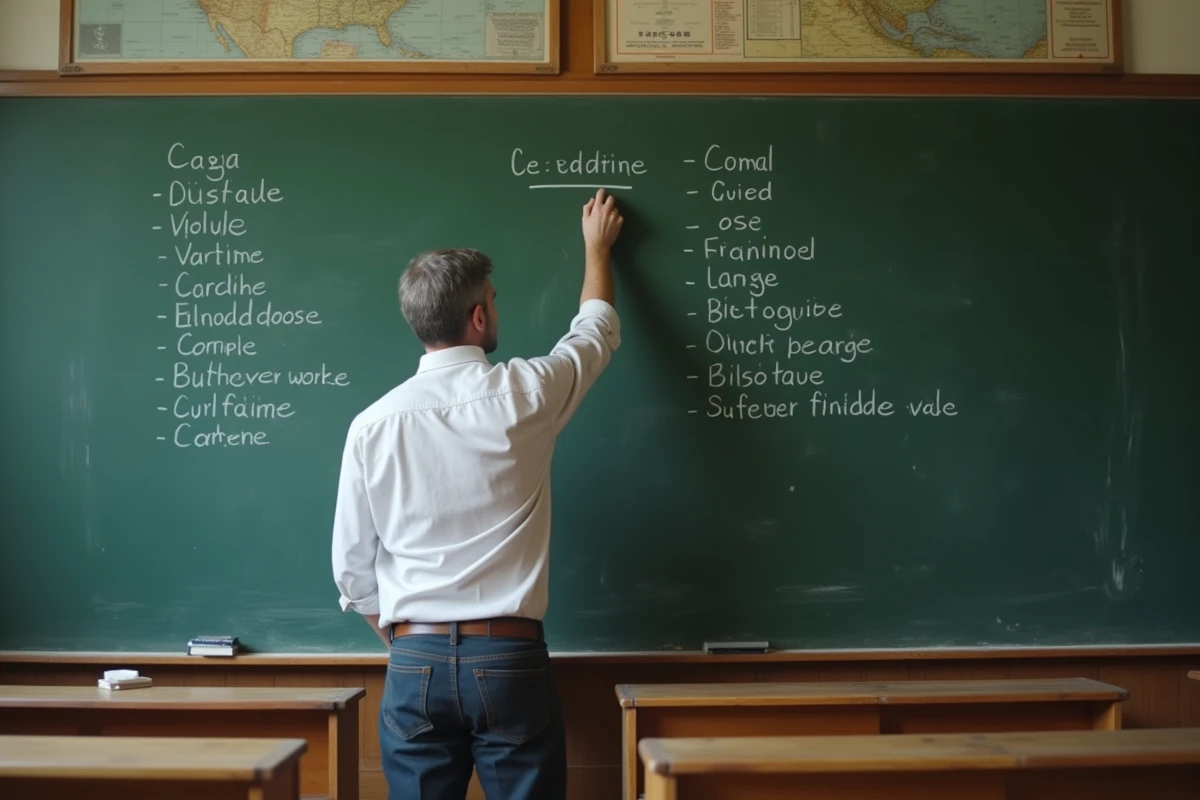 Professeur écrivant la conjugaison du passé simple au tableau dans une salle de classe
