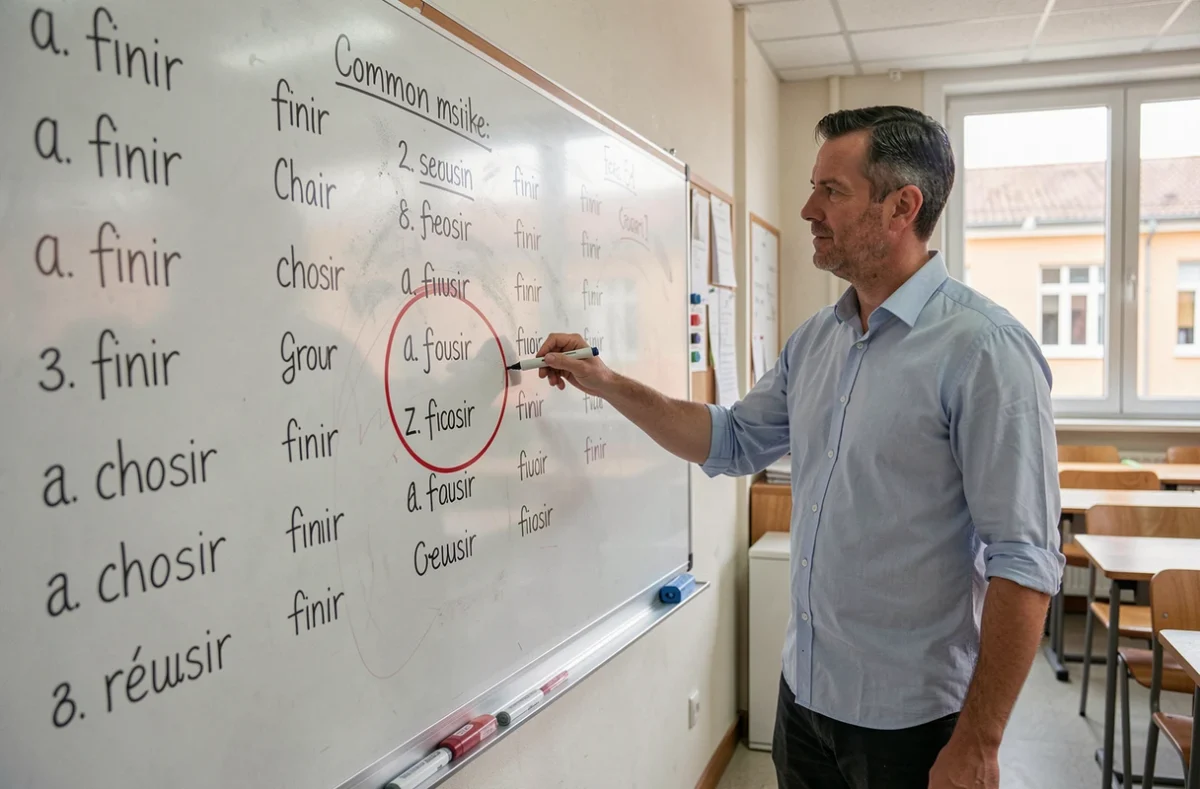 Professeur de français expliquant les erreurs fréquentes de conjugaison des verbes du 2ème groupe au tableau blanc en classe