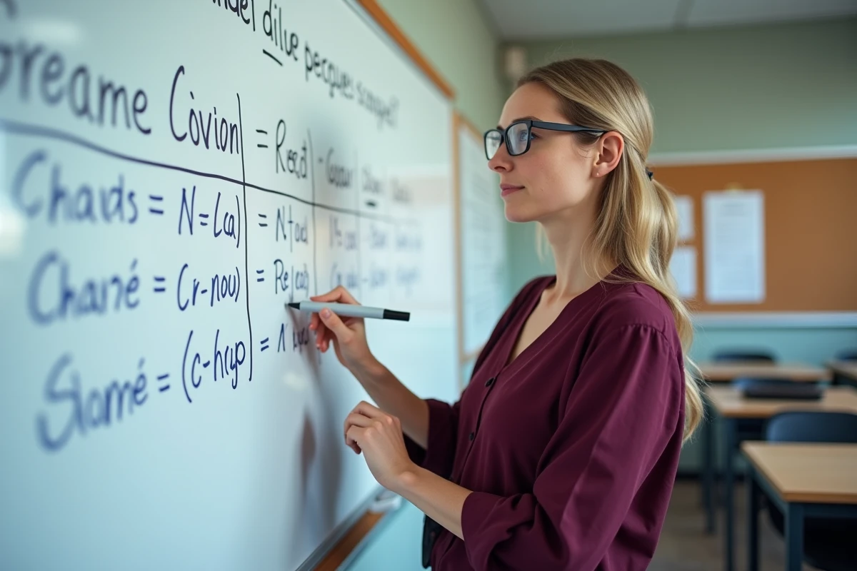 Professeure expliquant le calcul de moyenne avec coefficients au tableau en classe