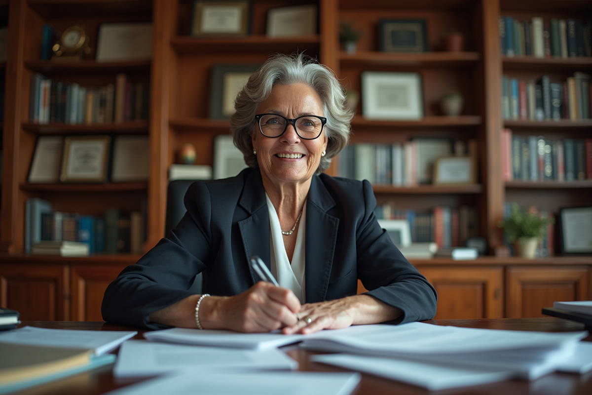 Professeure expérimentée examinant des travaux dans son bureau académique