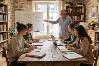 Un groupe d'élèves travaille avec un professeur particulier autour d'une table dans un appartement nantais, illustrant le soutien scolaire en Loire-Atlantique