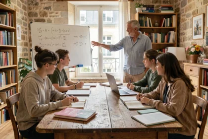 Un groupe d'élèves travaille avec un professeur particulier autour d'une table dans un appartement nantais, illustrant le soutien scolaire en Loire-Atlantique