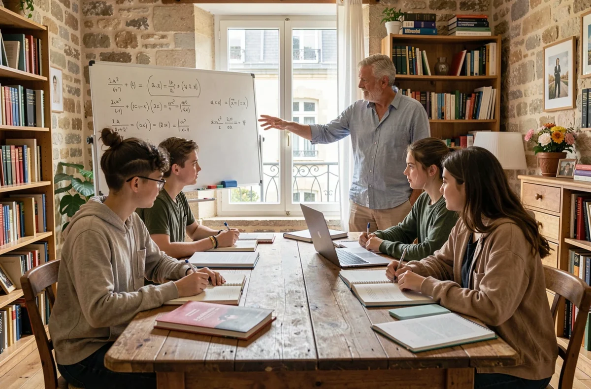 Un groupe d'élèves travaille avec un professeur particulier autour d'une table dans un appartement nantais, illustrant le soutien scolaire en Loire-Atlantique