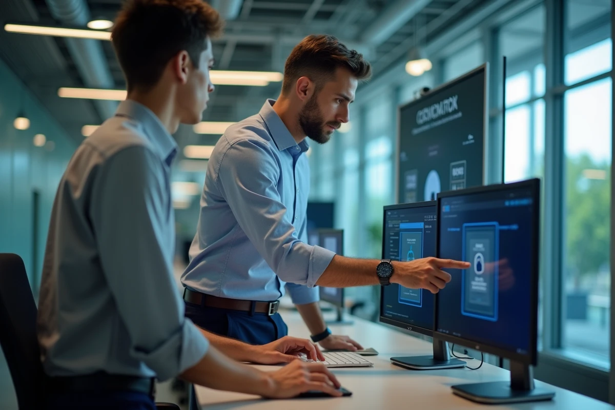 Professionnel informatique montrant la configuration MFA à un collègue