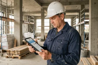 Professionnel du BTP consultant sa certification sur tablette sur un chantier de construction en 2026
