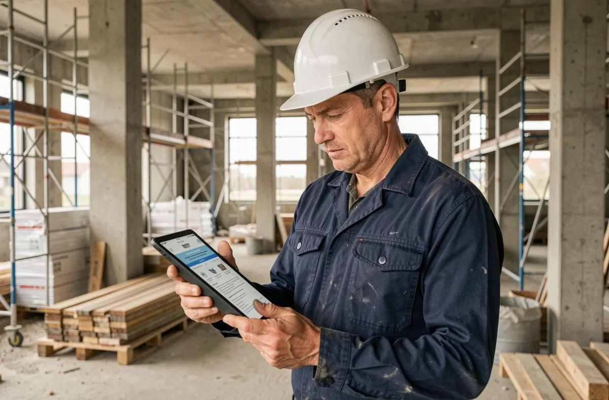 Professionnel du BTP consultant sa certification sur tablette sur un chantier de construction en 2026