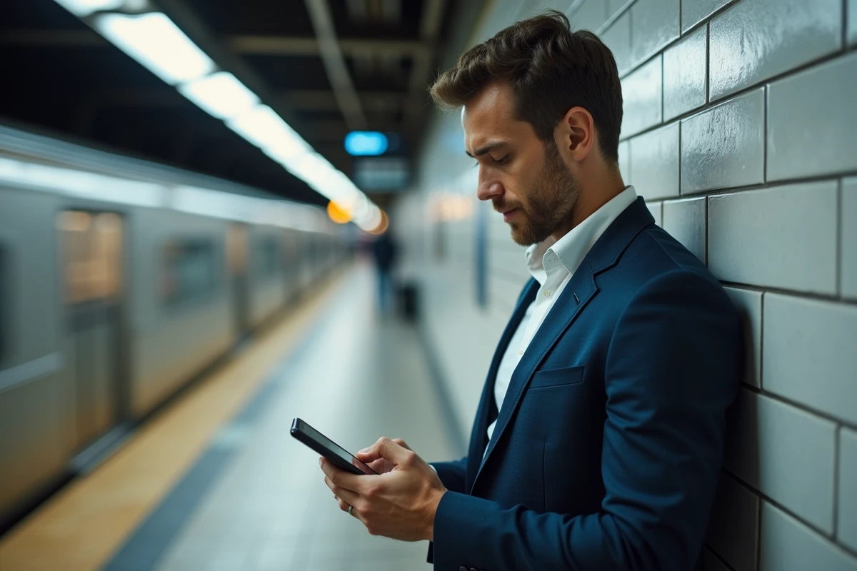 Professionnel consultant la plateforme PSB Learning sur mobile dans le métro pendant son trajet
