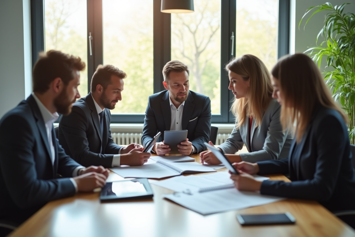 Cinq professionnels collaborant dans un bureau lumineux