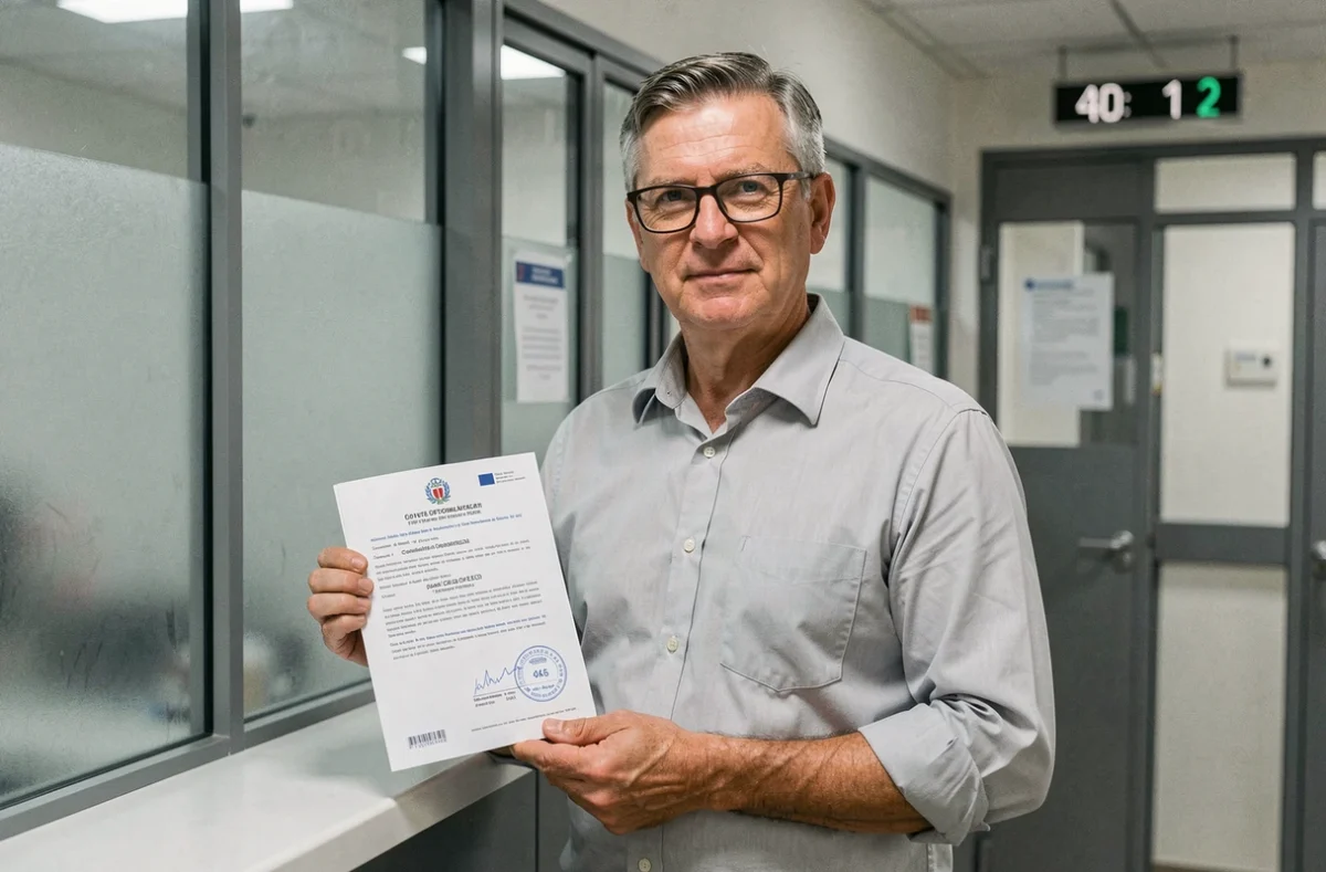 Homme tenant un titre professionnel certifié et un document officiel tamponné dans une administration publique française