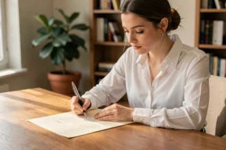 Jeune femme rédigeant une lettre de motivation manuscrite sur un bureau en bois dans un bureau à domicile rangé