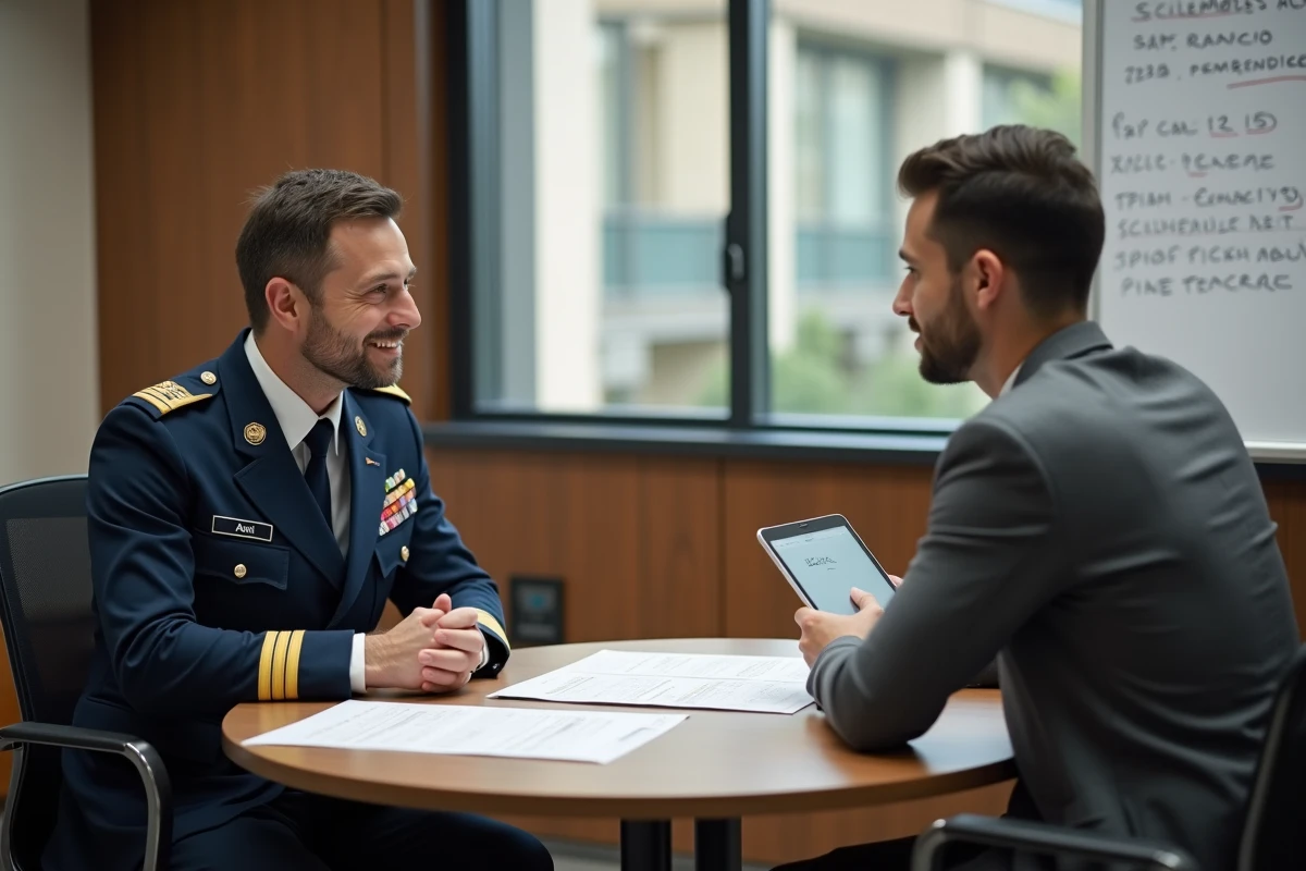 Réunion entre un sous-officier de l'armée de Terre et un cadre du secteur privé comparant leurs grilles salariales