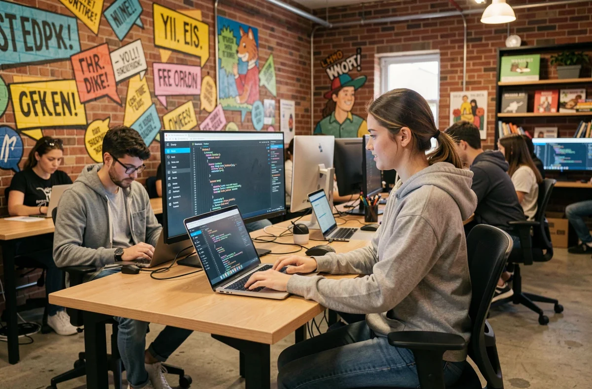Étudiante de Rocket School Lille codant sur ordinateur dans un espace de travail créatif et dynamique