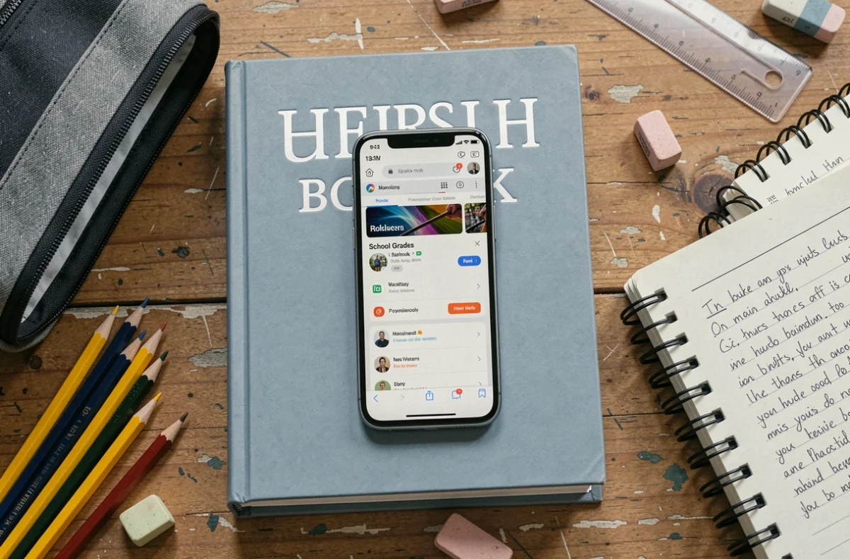 Smartphone avec le site Scolinfo ouvert en signet posé sur des affaires scolaires vues de dessus