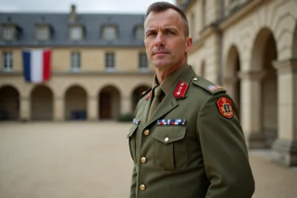 Sous-officier de l'armée de Terre en uniforme devant une caserne militaire française