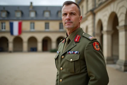 Sous-officier de l'armée de Terre en uniforme devant une caserne militaire française