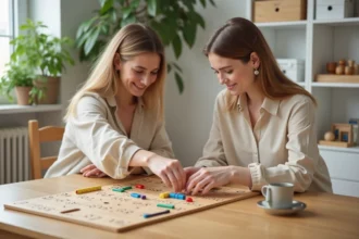 Jeune femme arrangeant des tuiles en bois sur une table de multiplication Montessori en bois naturel dans une salle d'apprentissage épurée