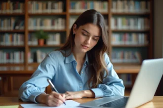 Jeune femme remplissant un questionnaire d'orientation professionnelle après le bac dans une bibliothèque universitaire