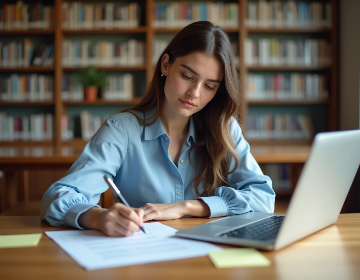 Jeune femme remplissant un questionnaire d'orientation professionnelle après le bac dans une bibliothèque universitaire