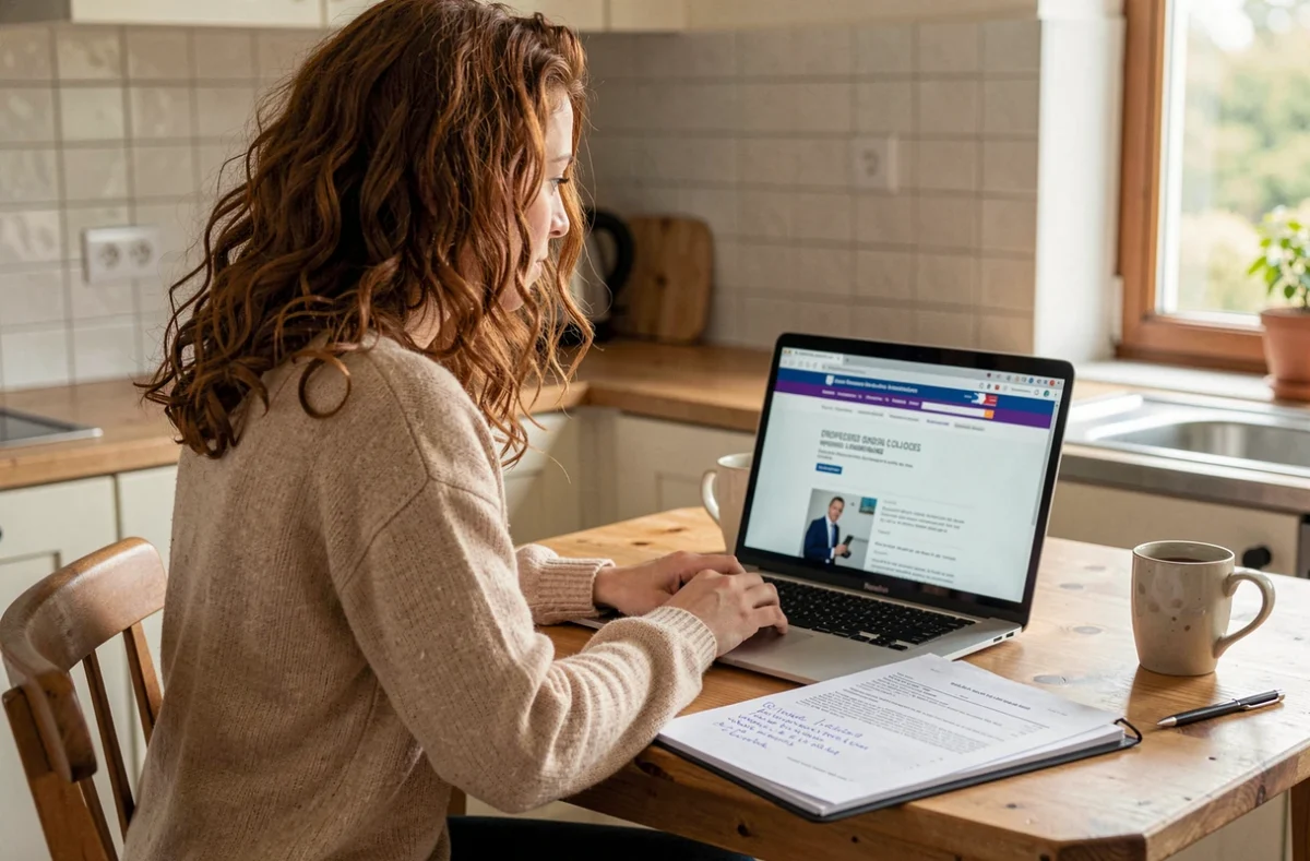 Jeune femme consultant un site officiel sur les titres professionnels et diplômes reconnus par la loi depuis son domicile
