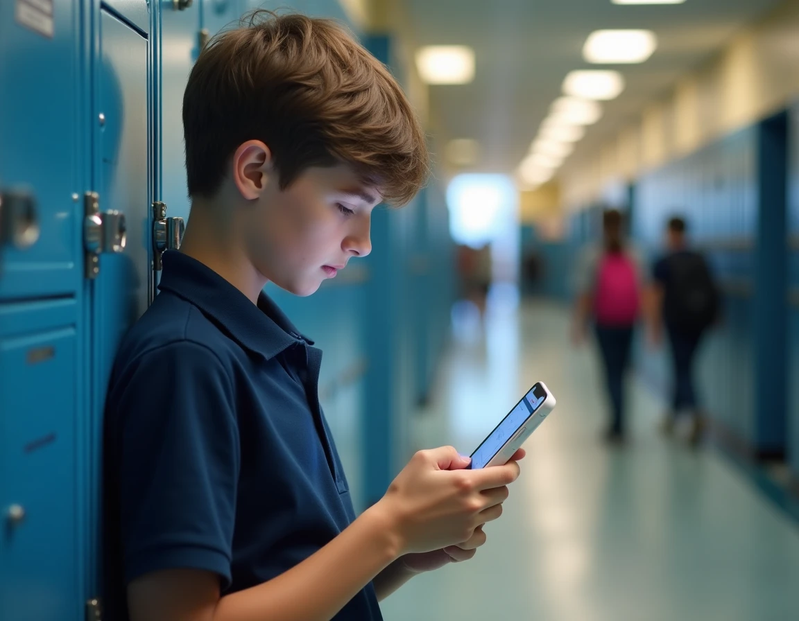 Lycéen consultant l'ENT Aisne sur son iPhone dans le couloir d'un établissement scolaire